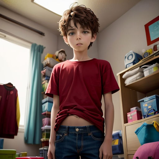 a young boy standing in a room with a red shirt on and a blue shirt on his chest and a red shirt on his shirt