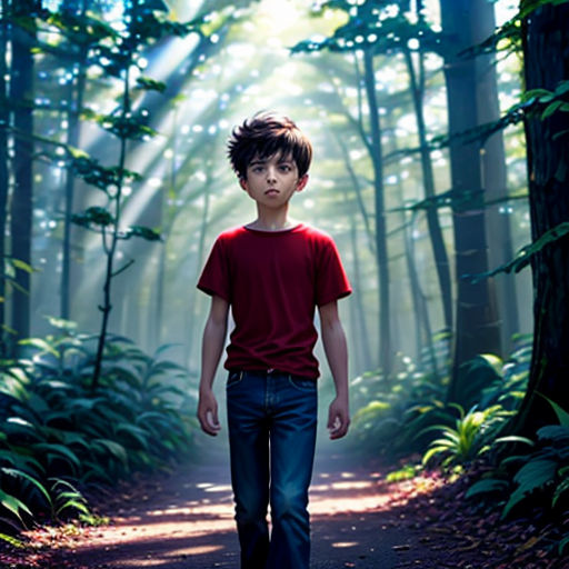 a young boy walking down a path in the woods with a red shirt on and a red shirt on
