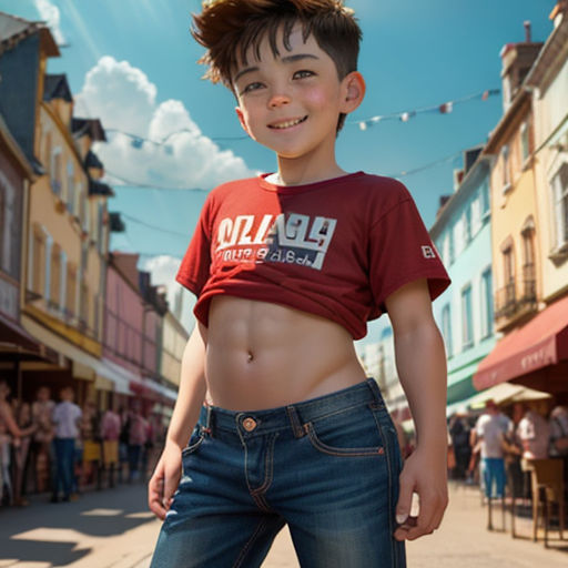 a boy with a red shirt and jeans on a skateboard in the street with people in the background