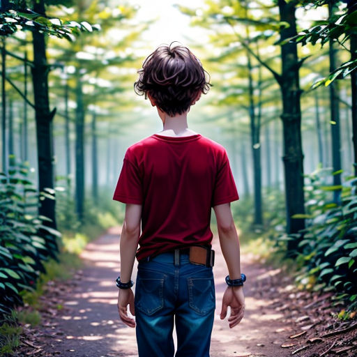 a boy walking down a path in the woods with his hands in his pockets and his back to the camera