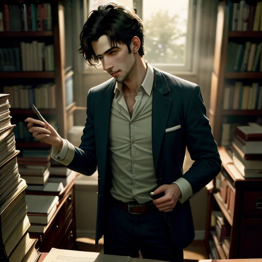 a man in a suit standing in a library holding a cell phone and looking at a stack of books