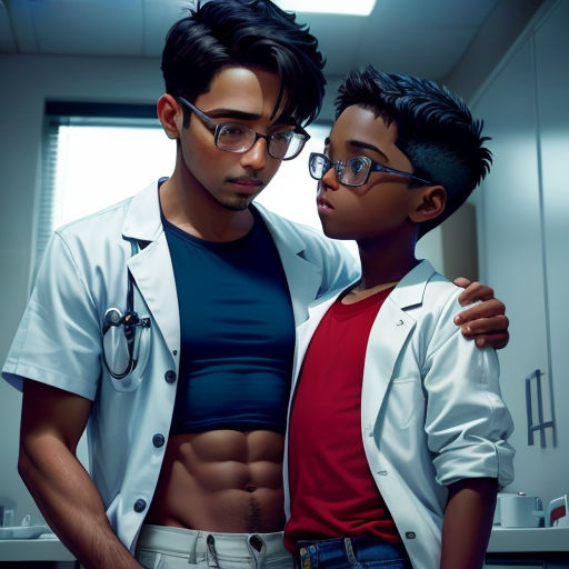 a man and a boy are standing together in a room with a window and a light on the ceiling