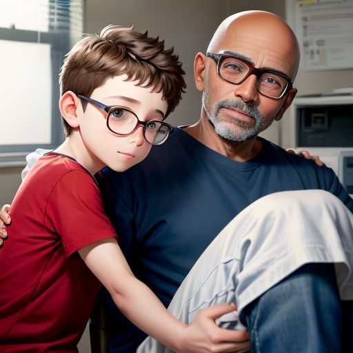 a man and a boy are sitting together in a room with a window and a microwave behind them,