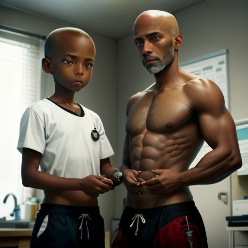 a man and a boy standing in a room with a window behind them and a computer screen behind them