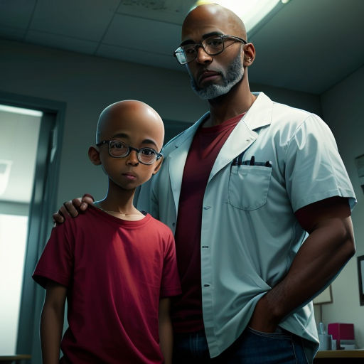 a man and a boy standing in a room with a light on the ceiling and a window behind them