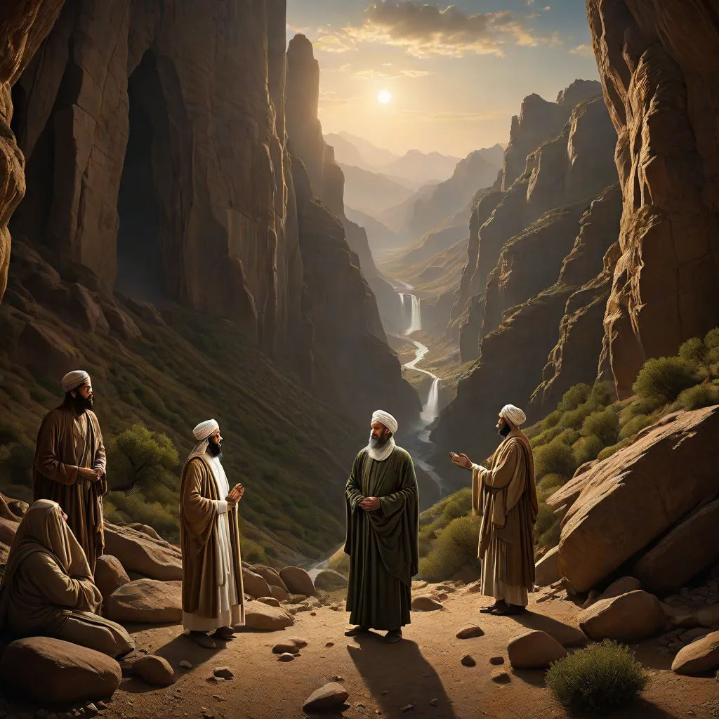 a painting of three men standing in a canyon with a waterfall in the background and a sun setting behind them, metaphysical painting, a detailed matte painting, Brothers Hildebrandt, highly detailed oil painting