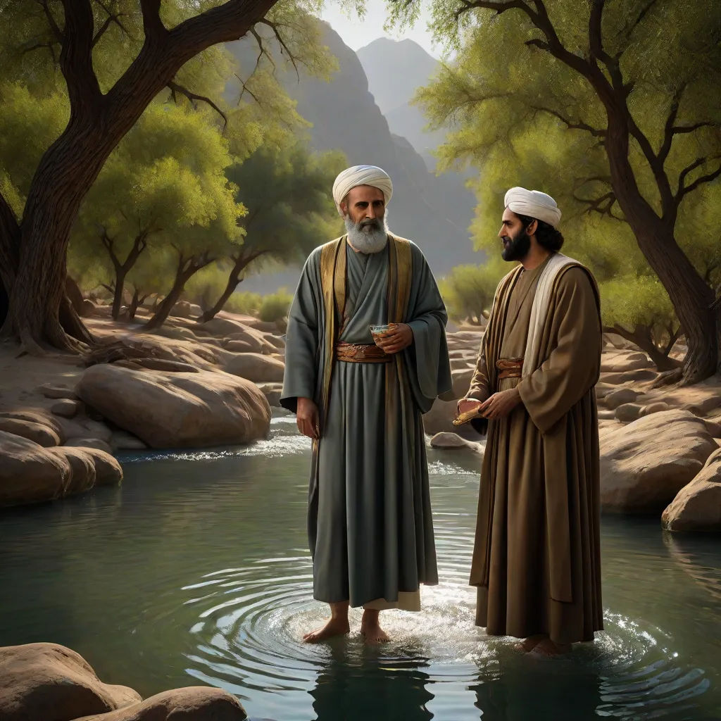 two men standing in a river with trees and rocks in the background, one of them is wearing a robe, les nabis, a storybook illustration, Brothers Hildebrandt, detailed painting