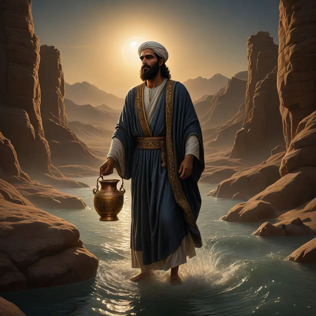 a man in a blue robe holding a pot and a kettle in a river with rocks and mountains in the background, qajar art, a storybook illustration, Dionisius, radiant light