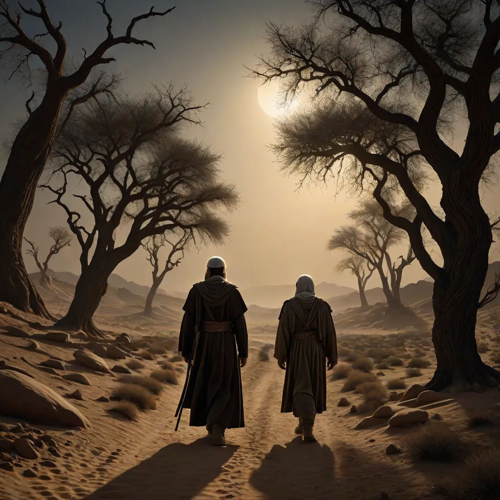 two people walking down a dirt road in the desert at sunset with trees and a sun in the background, les nabis, a detailed matte painting, Brothers Hildebrandt, desert
