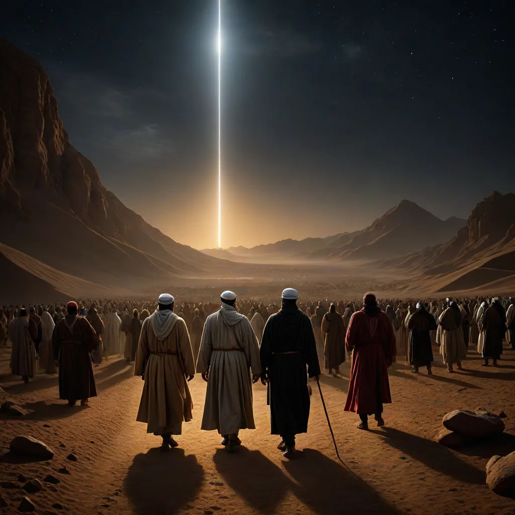 a group of people standing in the desert with a light beam in the sky above them and a star in the sky, space art, a detailed matte painting, Christopher Balaskas, promotional image