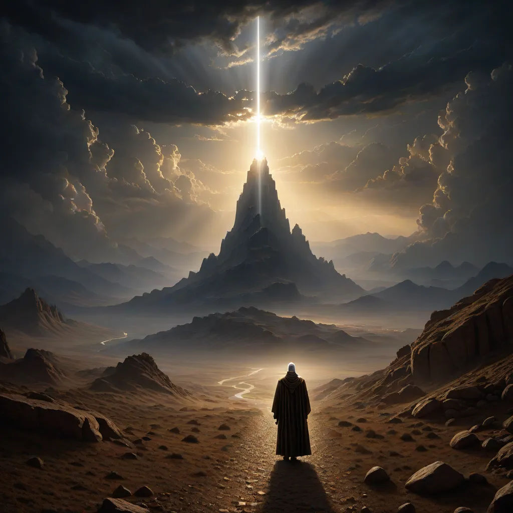 a man standing on a desert looking at a mountain with a cross in it's center and a light shining through the clouds, fantasy art, a matte painting, Christophe Vacher, matte fantasy painting