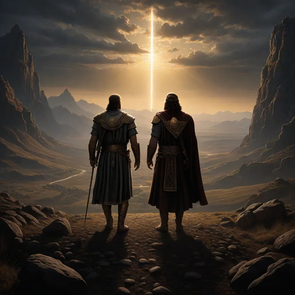 two men standing on a hill looking at the sky with a cross in the background and a bright light shining through the clouds, fantasy art, a painting, Brothers Hildebrandt, radiant light