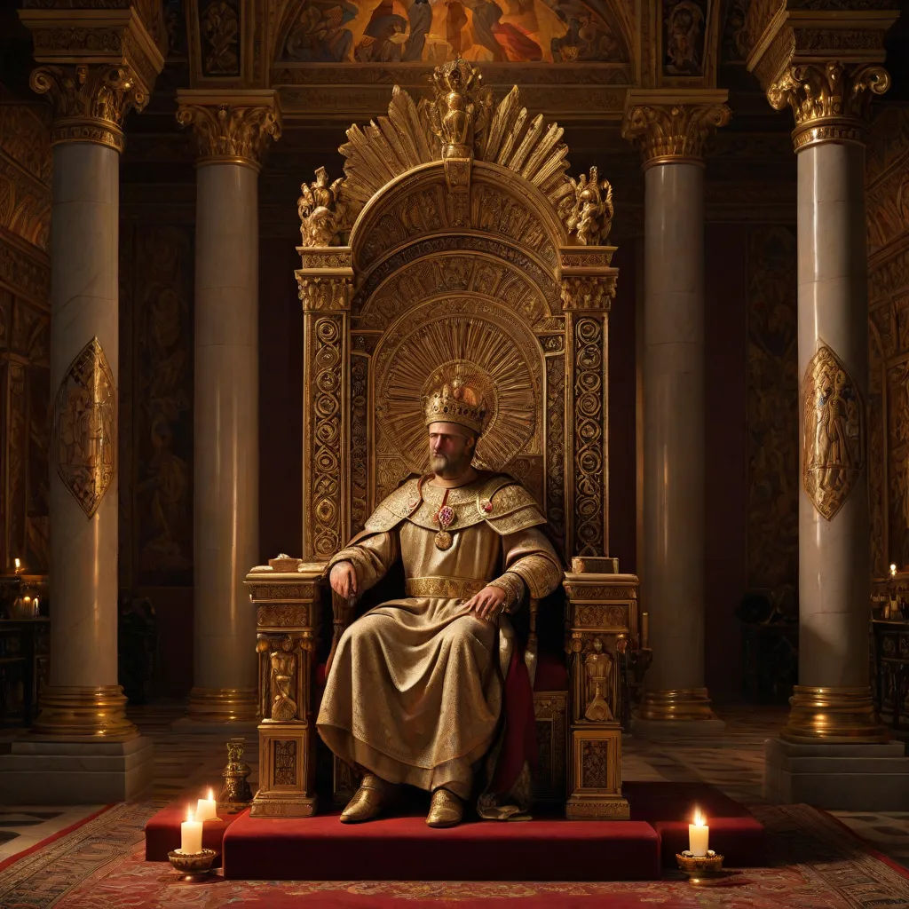 a man sitting on a throne with candles in front of him and a crown on top of it,, renaissance, a detailed matte painting, Bastien L. Deharme, promotional image
