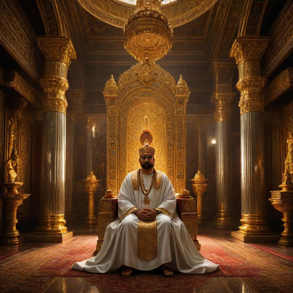 a man sitting in a throne with a crown on his head and a golden crown on his head, in a room with gold and red carpeted walls, samikshavad, a detailed matte painting, Altoon Sultan, promotional image