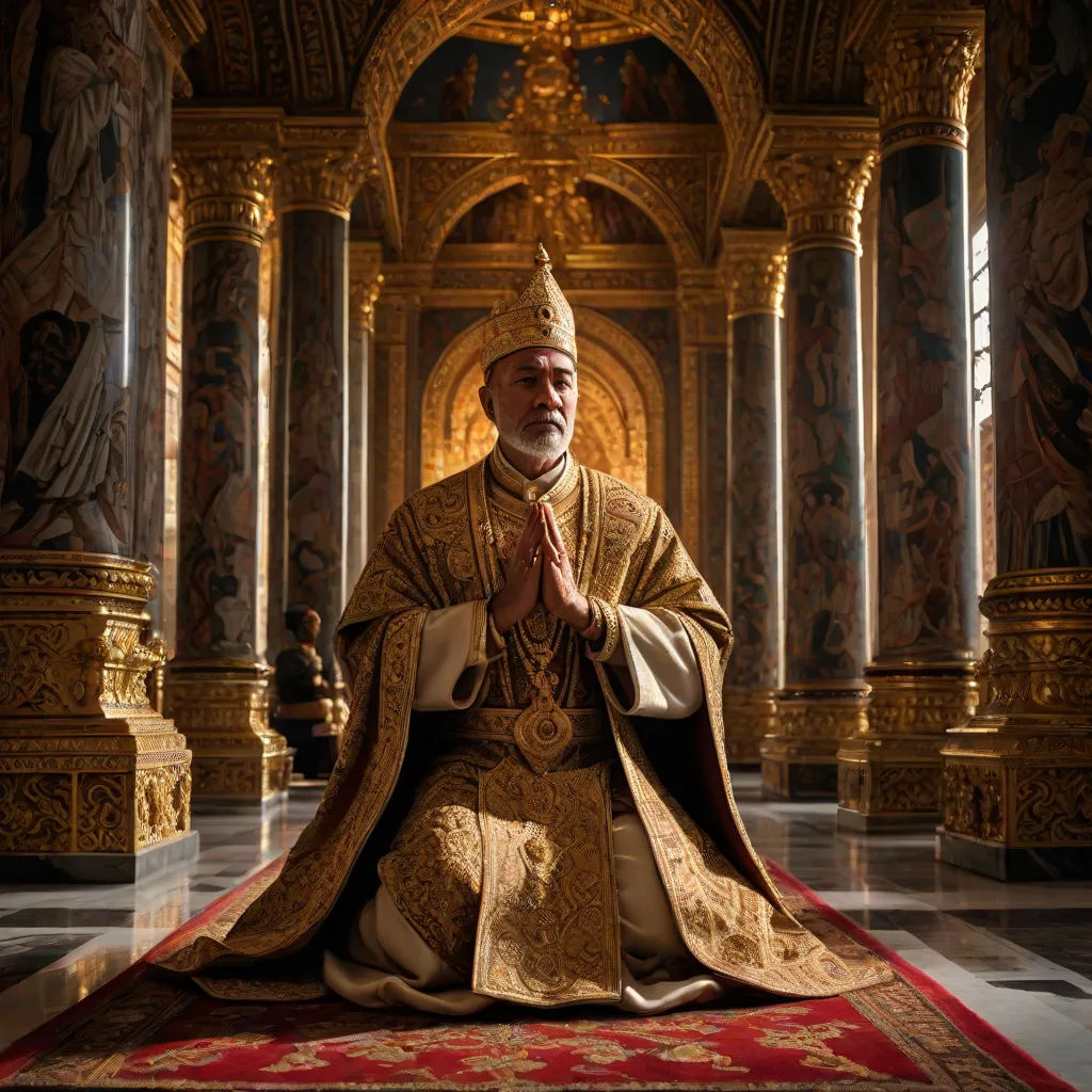 a man in a golden outfit sitting on a red rug in a room with columns and gold decorations on the walls, excessivism, a flemish Baroque, Artur Tarnowski, cinematic photography