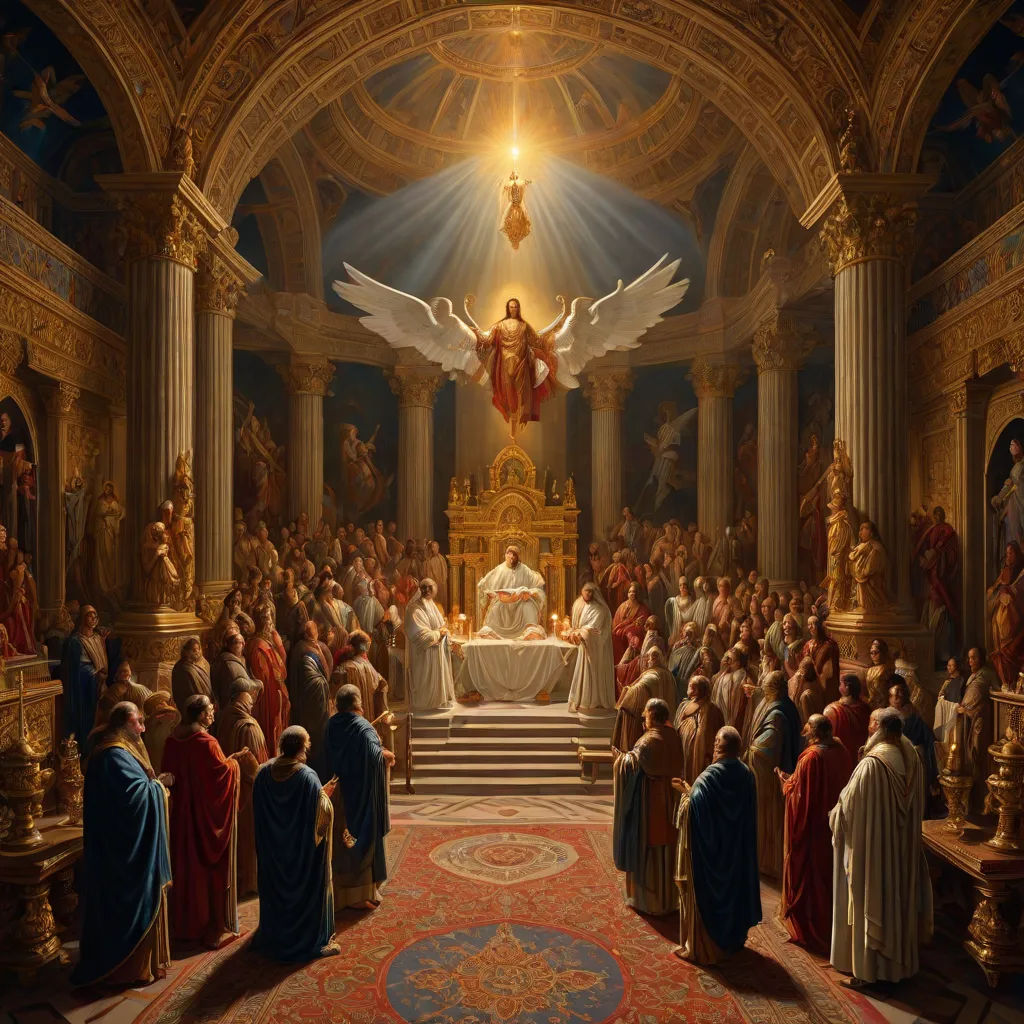 a painting of a large group of people in a church with a priest in the center of the room, gothic art, a detailed matte painting, Christophe Vacher, renaissance oil painting