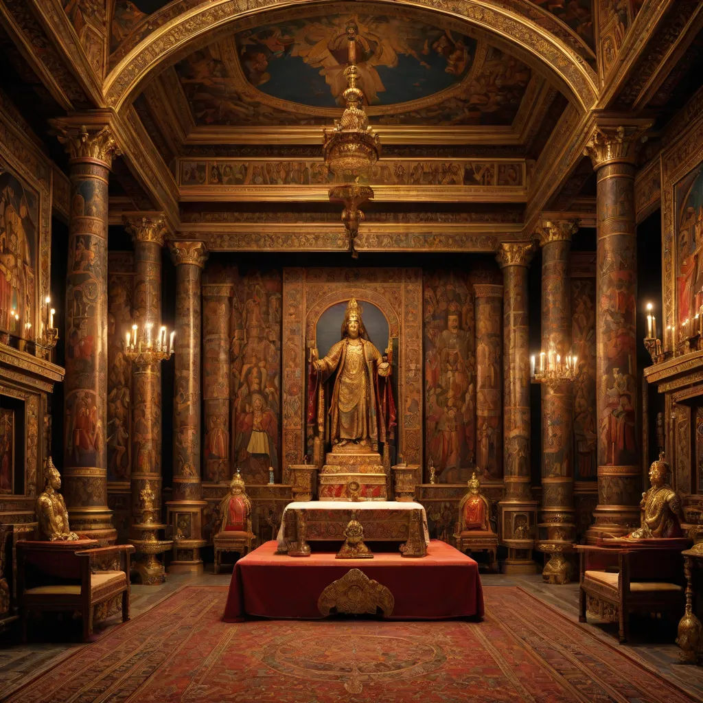 a large room with a statue and a red carpeted floor and a red table with a red cloth on it, gothic art, a flemish Baroque, Charles Le Brun, fantastically gaudy