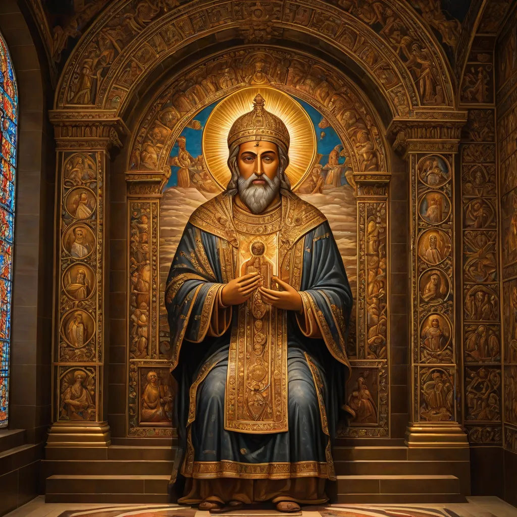 a statue of a man with a cross in a church with stained glass windows behind him and a rug on the floor, romanesque, a detailed painting, Dionisius, art noveau