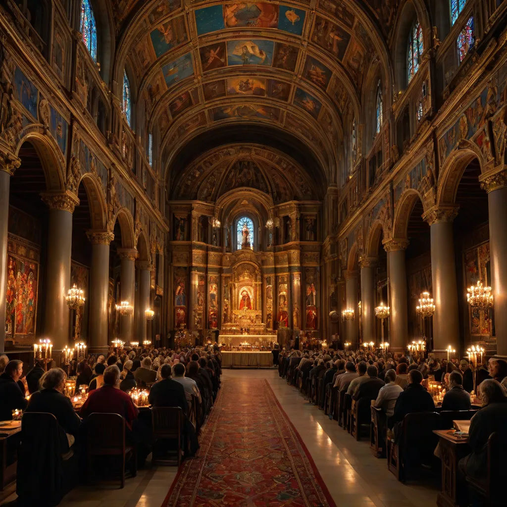 a large room with a lot of people sitting at tables and a large alter in the middle of it, arts and crafts movement, a flemish Baroque, Christopher Wren, beautifully lit