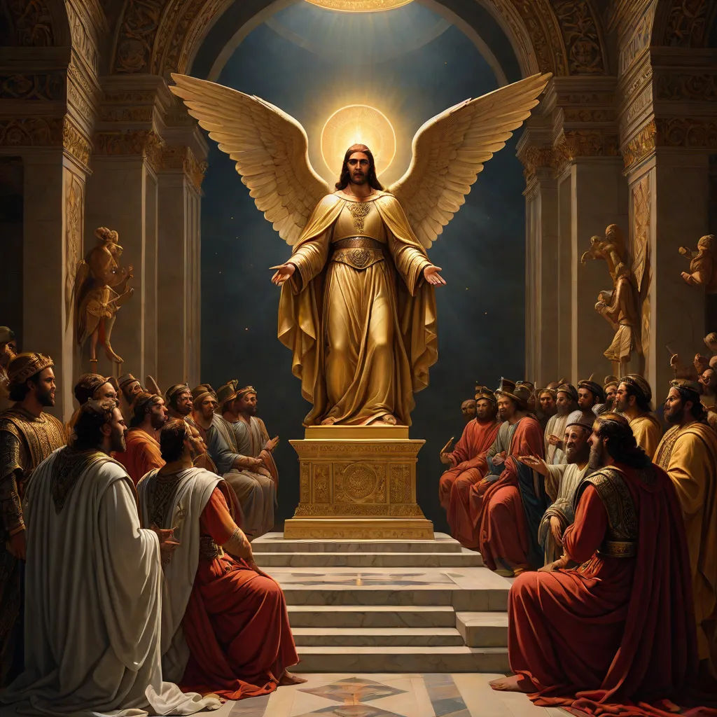 a painting of a large golden angel surrounded by people in a church with a blue ceiling and a white ceiling, gothic art, a flemish Baroque, Christophe Vacher, renaissance oil painting