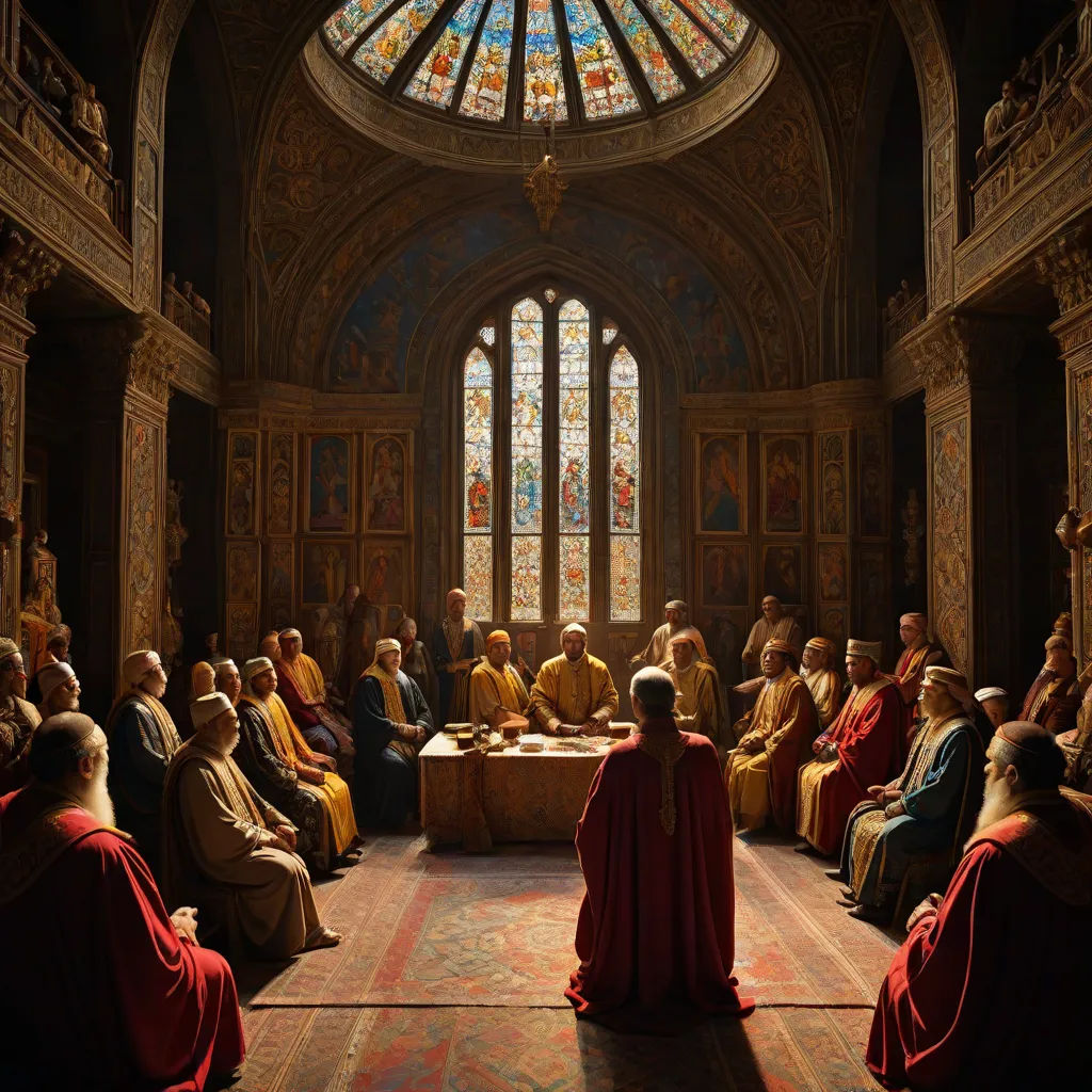 a painting of a group of people sitting around a table in a room with a stained glass window above it, renaissance, a detailed matte painting, Andrei Rublev, promotional image