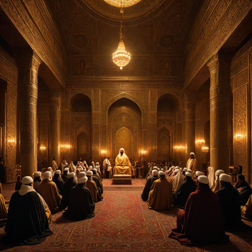a large group of people sitting in a room with a statue in the middle of the room and a chandelier hanging from the ceiling, qajar art, a detailed matte painting, Andreas Gursky, cinematic photography