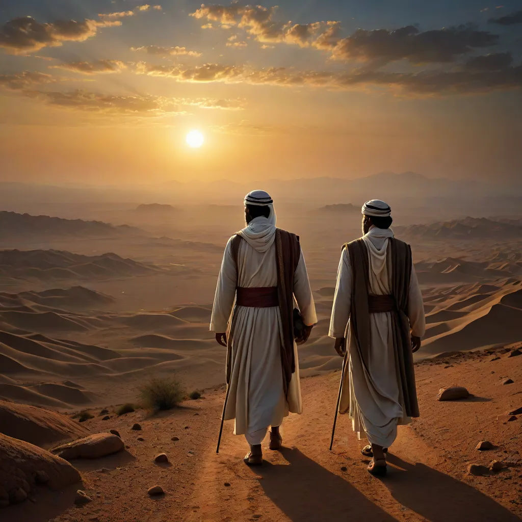 two men in desert attire walking towards the sunset with a desert landscape in the background and a distant horizon, dau-al-set, a detailed matte painting, Amir Zand, desert