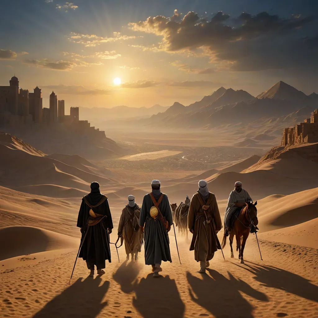a group of people riding on the backs of horses in the desert at sunset with a city in the background, dau-al-set, a detailed matte painting, Amir Zand, cinematic matte painting