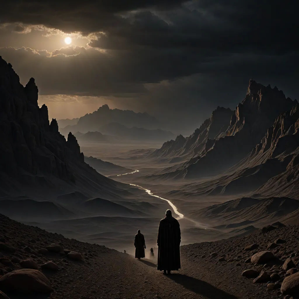 two people standing on a desert looking at the sun through the clouds and mountains in the distance, with a river running through the valley, gothic art, a matte painting, Amir Zand, matte fantasy painting