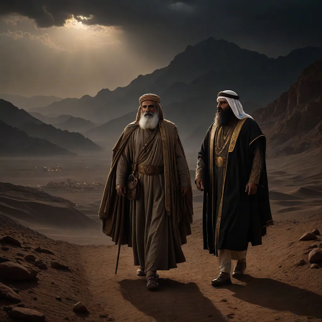 two men in desert with mountains in the background and a dark sky in the background with clouds in the sky, hurufiyya, a detailed matte painting, Amir Zand, cinematic matte painting