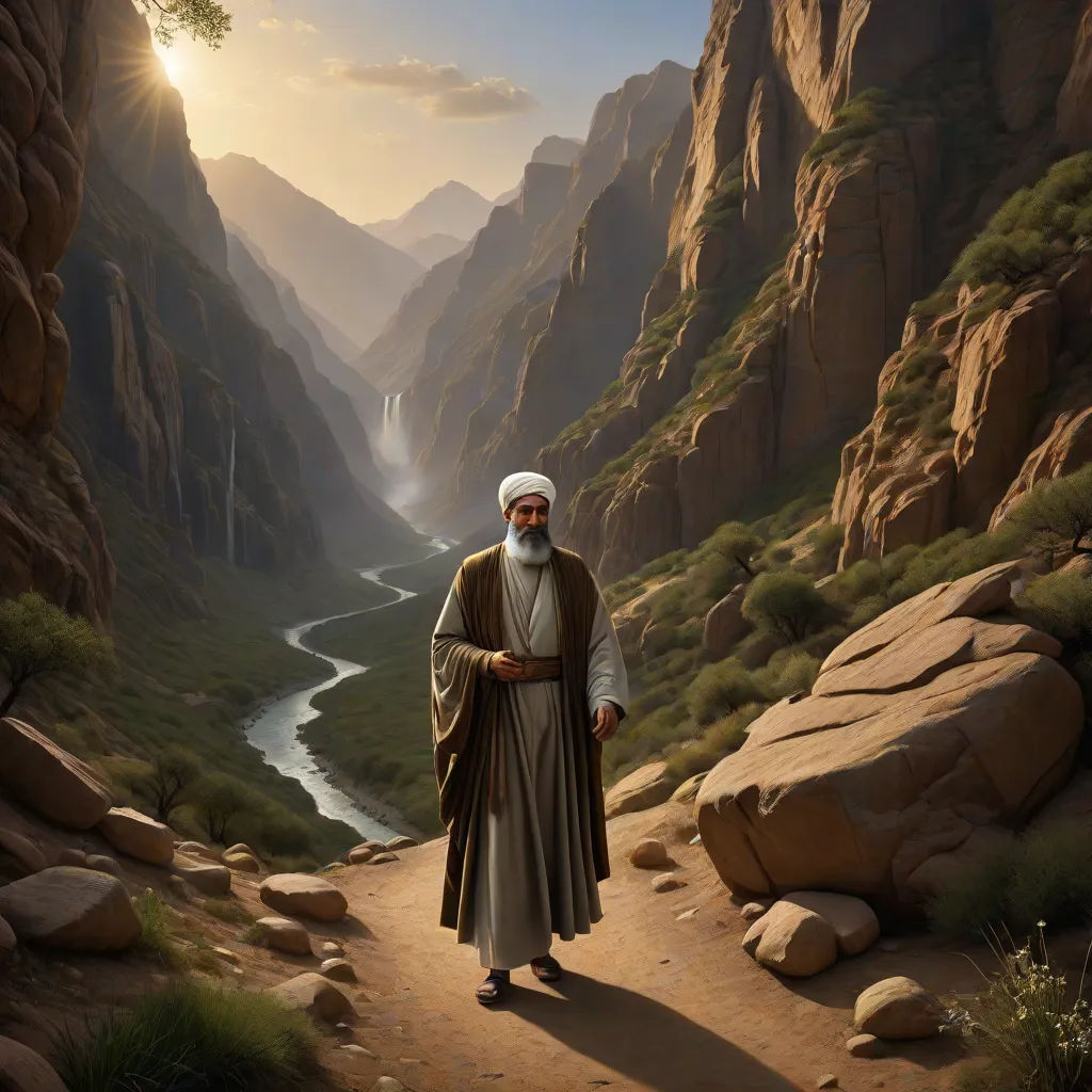 a painting of a man in a desert setting with a river running through it and mountains in the background, qajar art, a painting, Amir Zand, orientalism