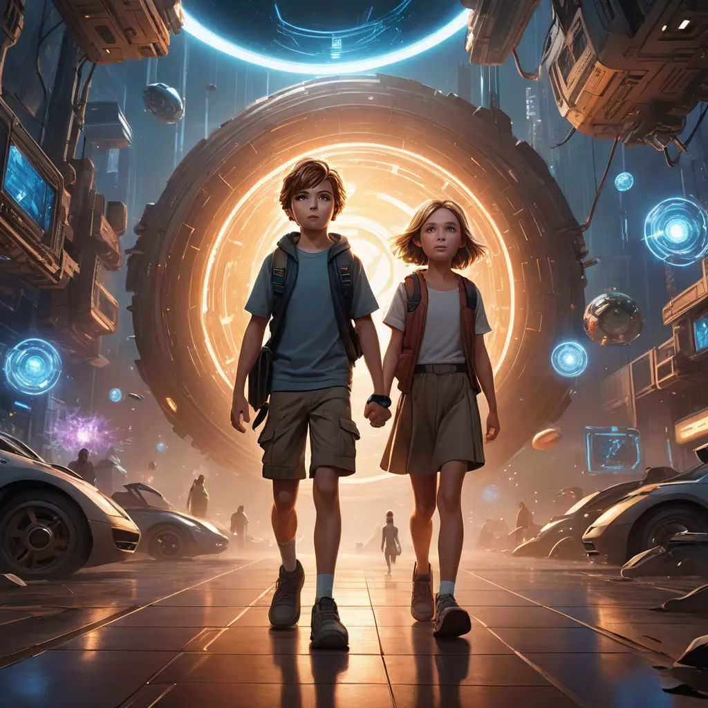 a couple of kids walking down a hallway next to a giant wheel in a sci - fi city at night, retrofuturism, concept art, Clint Cearley, rossdraws global illumination