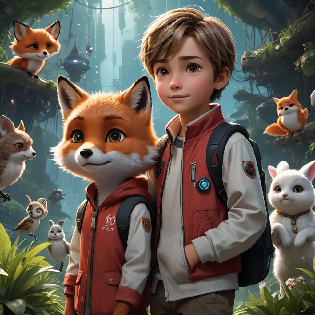 a boy with a backpack and a fox in the background with other animals around him and a forest of trees, furry art, a storybook illustration, Cliff Childs, official art