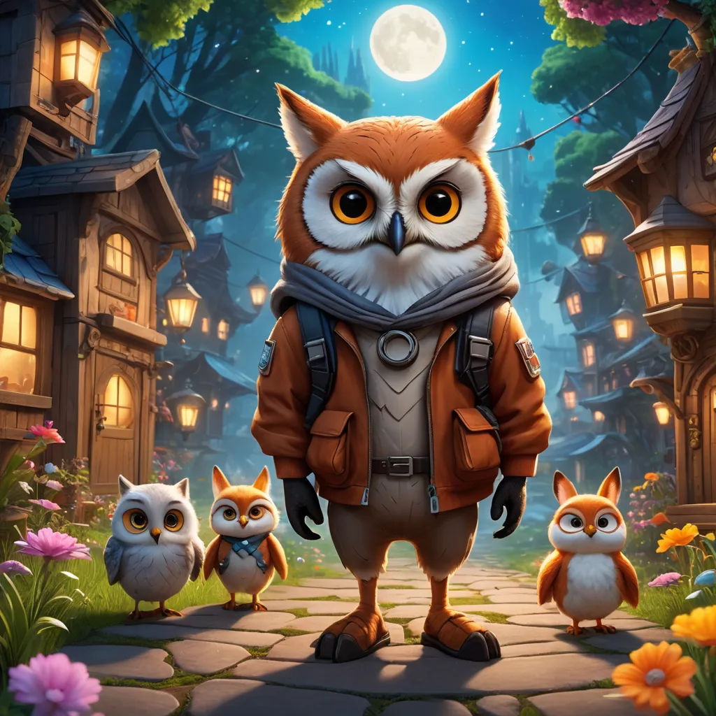 an owl with a backpack standing in front of two owls in a village at night with a full moon, fantasy art, a storybook illustration, Cedric Seaut (Keos Masons), rossdraws global illumination