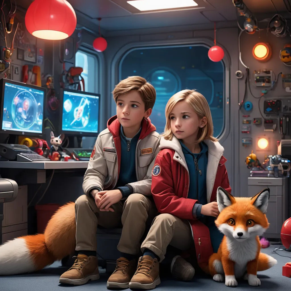a couple of people sitting next to a fox on a floor in a room with a tv and a desk, space art, computer graphics, Chris LaBrooy, promotional image