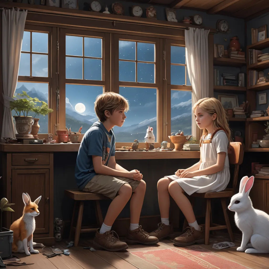 a boy and a girl sitting in a chair looking out a window at a rabbit and a cat on the floor, magical realism, a storybook illustration, Brad Kunkle, highly detailed digital painting