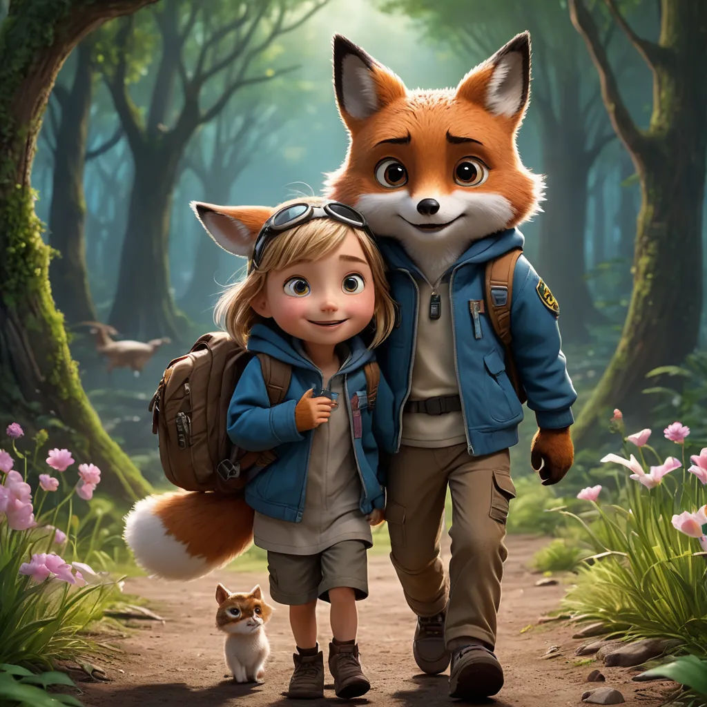 a boy and girl walking through a forest with a fox on their back and a cat on the other side, furry art, a poster, Cliff Childs, promotional image