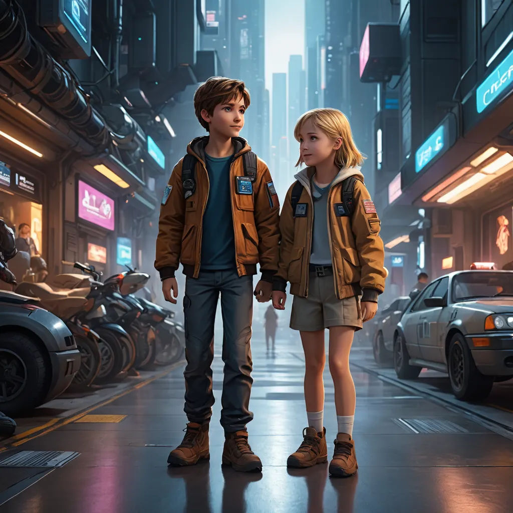 a boy and a girl standing in a city street with a motorcycle in the background and a car in the foreground, retrofuturism, a detailed matte painting, Chris LaBrooy, cgstudio