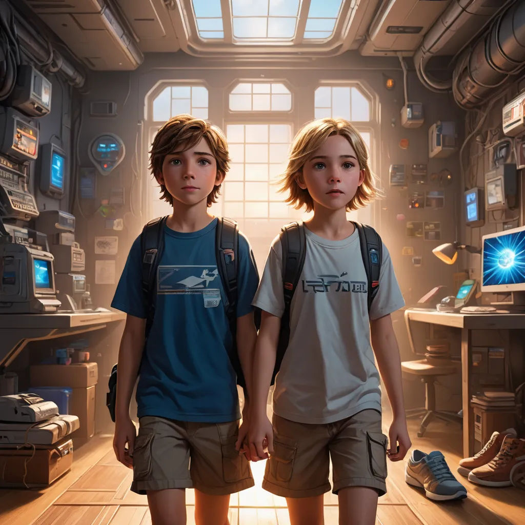 two children standing in a room with a computer screen in the background and a laptop on the floor in front of them, sots art, computer graphics, Brothers Hildebrandt, rossdraws global illumination