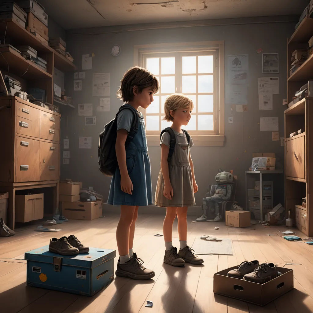 two children standing in a room with boxes and boxes on the floor and a window in the background with a light shining through, photorealism, poster art, Alejandro Burdisio, cgstudio