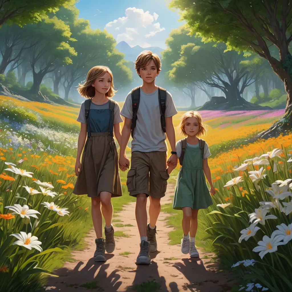 a painting of a man and two children walking down a path in a field of flowers with trees and flowers, sots art, a storybook illustration, Aaron Jasinski, official art