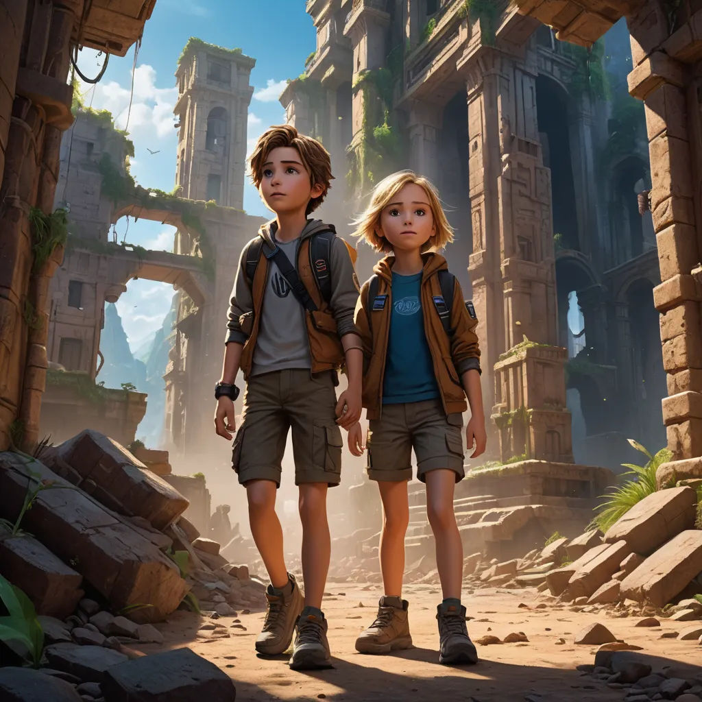 a boy and a girl standing in a ruined city with ruins and ruins in the background, looking at the camera, photorealism, a detailed matte painting, Clint Cearley, rossdraws global illumination