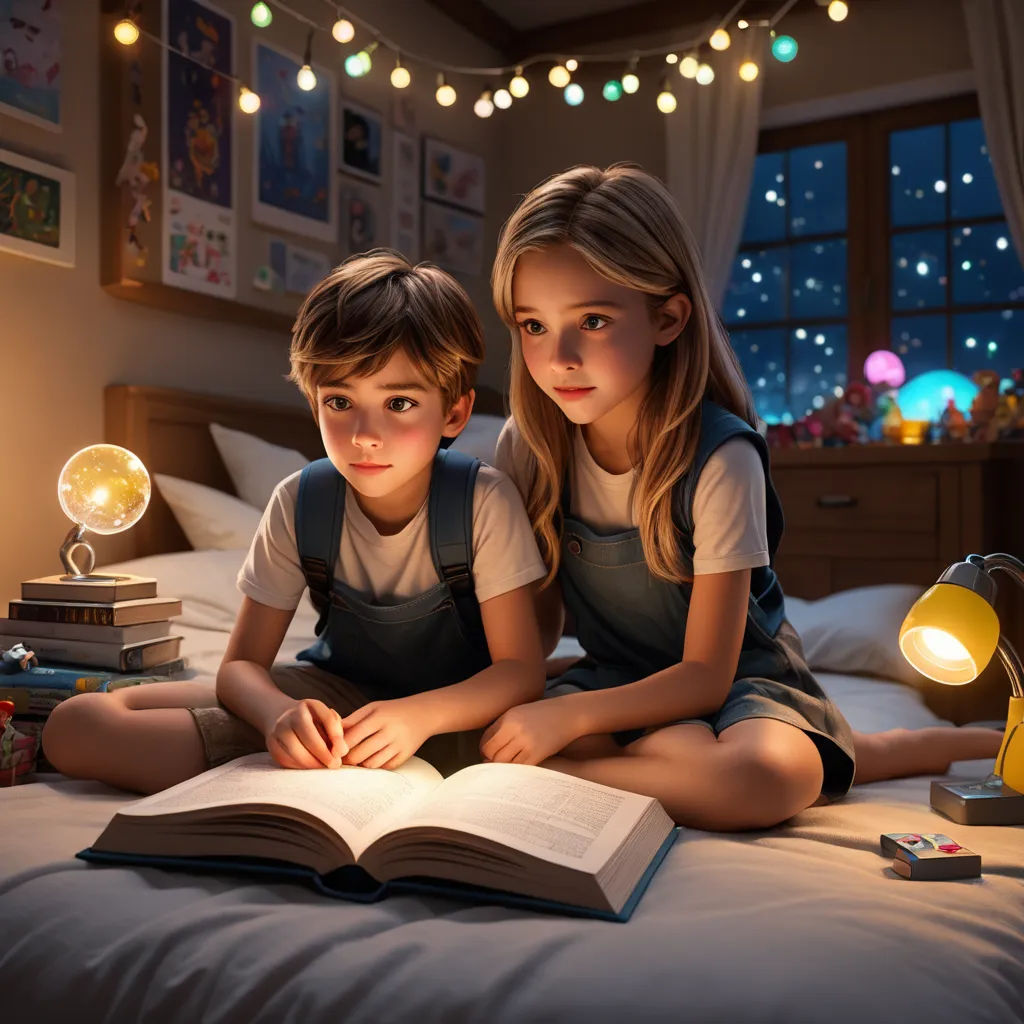 two children sitting on a bed reading a book at night time with a lamp on the side of the bed, photorealism, a storybook illustration, Evgeny Lushpin, beautiful cinematic light