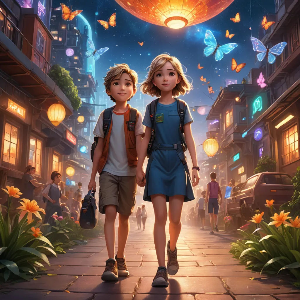 a couple of kids walking down a street next to each other in a cartoon style scene with a sky full of butterflies, magic realism, a storybook illustration, Chris LaBrooy, rossdraws global illumination