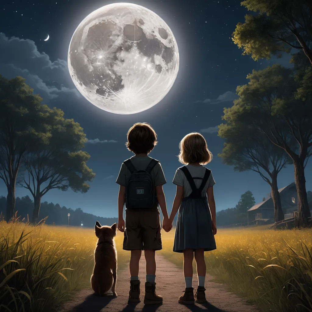 two children are standing on a path with a dog looking at the moon in the sky above them,, magical realism, a storybook illustration, Aaron Jasinski, storybook illustration