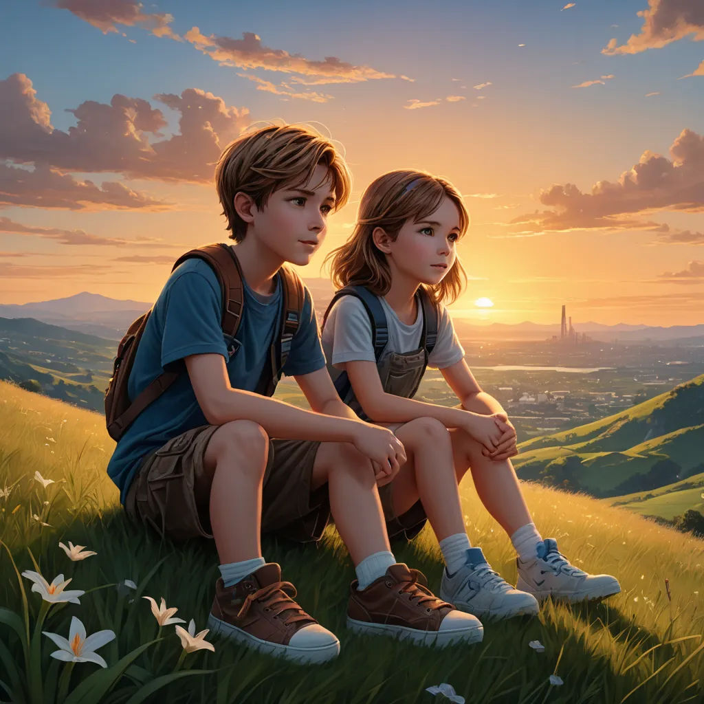 a painting of two children sitting on a hill with a sunset in the background and a city in the distance, fantastic realism, a detailed painting, Brothers Hildebrandt, stanley artgerm lau
