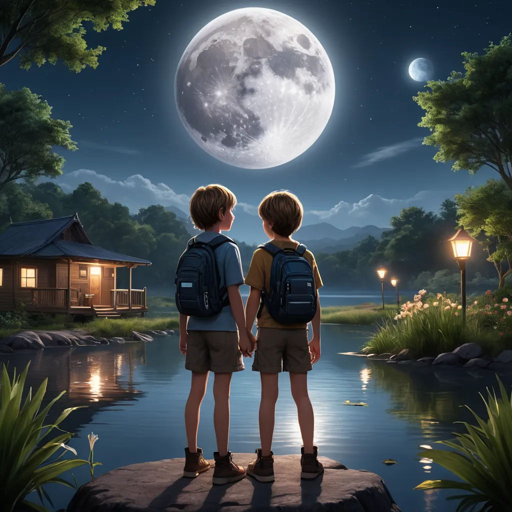 two boys standing on a rock looking at the moon over a lake with a cabin in the background and a full moon in the sky, naive art, a storybook illustration, Brothers Hildebrandt, highly detailed digital painting