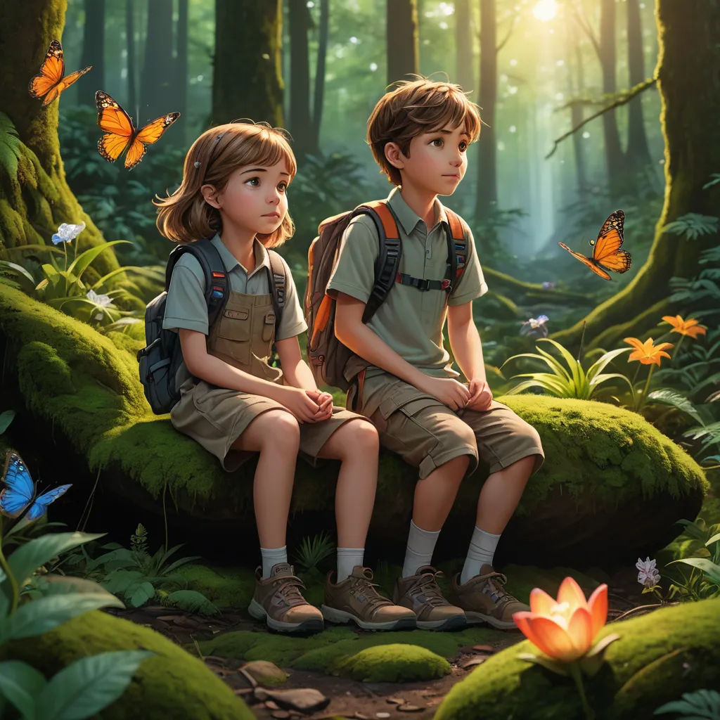 two children sitting on a rock in the woods with butterflies flying around them and a butterfly in the air, magic realism, a storybook illustration, Aaron Jasinski, rossdraws global illumination