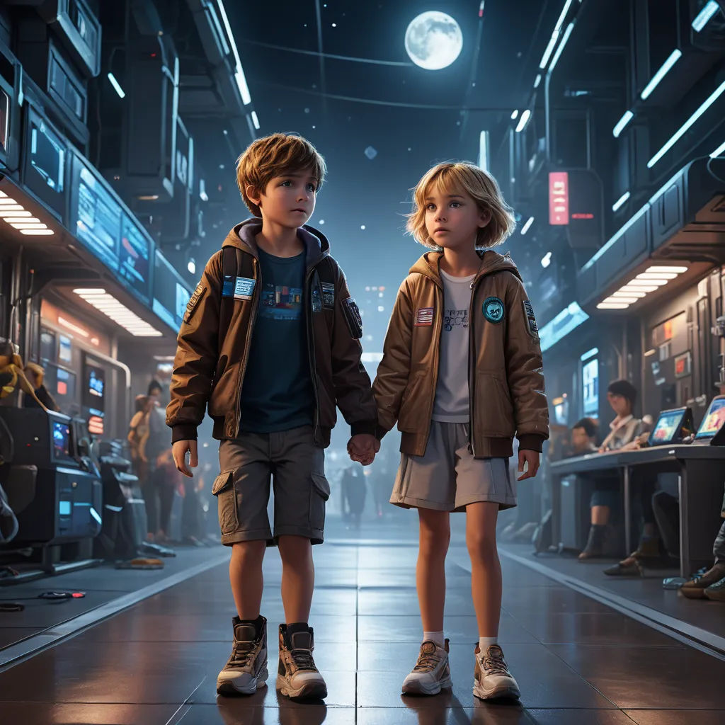 two children holding hands in a sci - fi setting with people in the background and a full moon overhead, space art, a detailed matte painting, Chris LaBrooy, promotional image