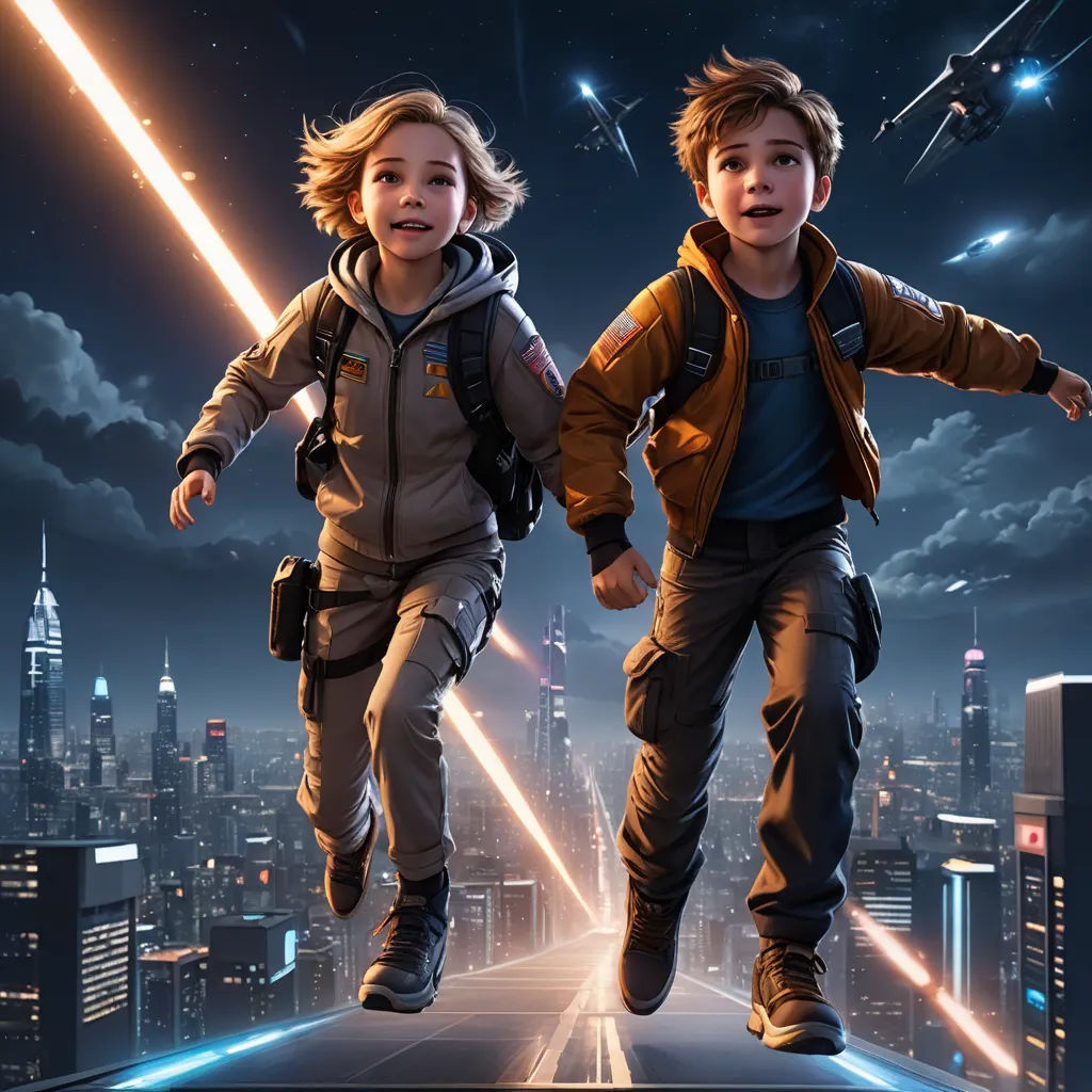 two children are running in the city at night with a rocket in the sky behind them and a cityscape in the background, space art, a detailed matte painting, Clint Cearley, cgstudio